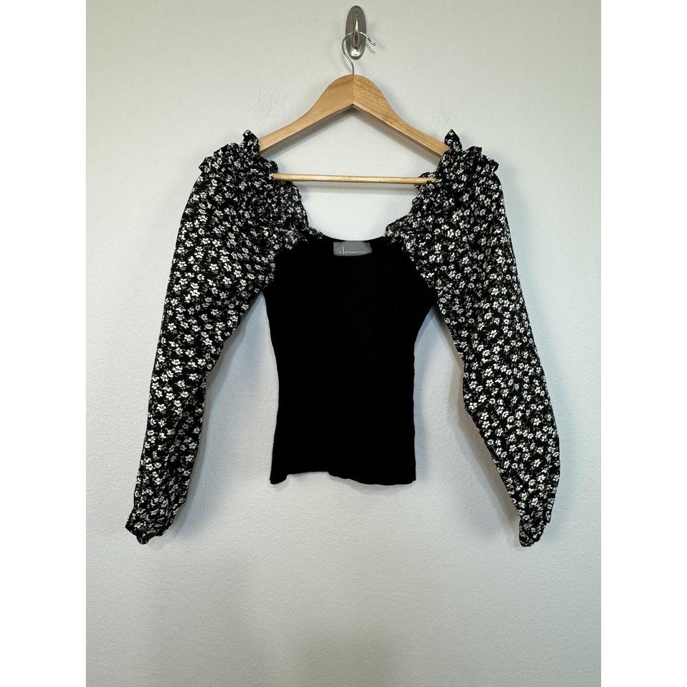Anthropologie Blouse Women's XS Black Floral Woven Ruffle Sleeve Ribbed Knit Top
